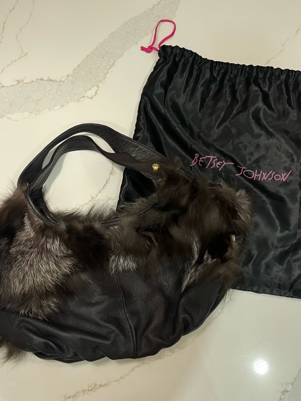 Betsey Johnson Black Leather Shoulder Bag with Brown-Black Fur Trim